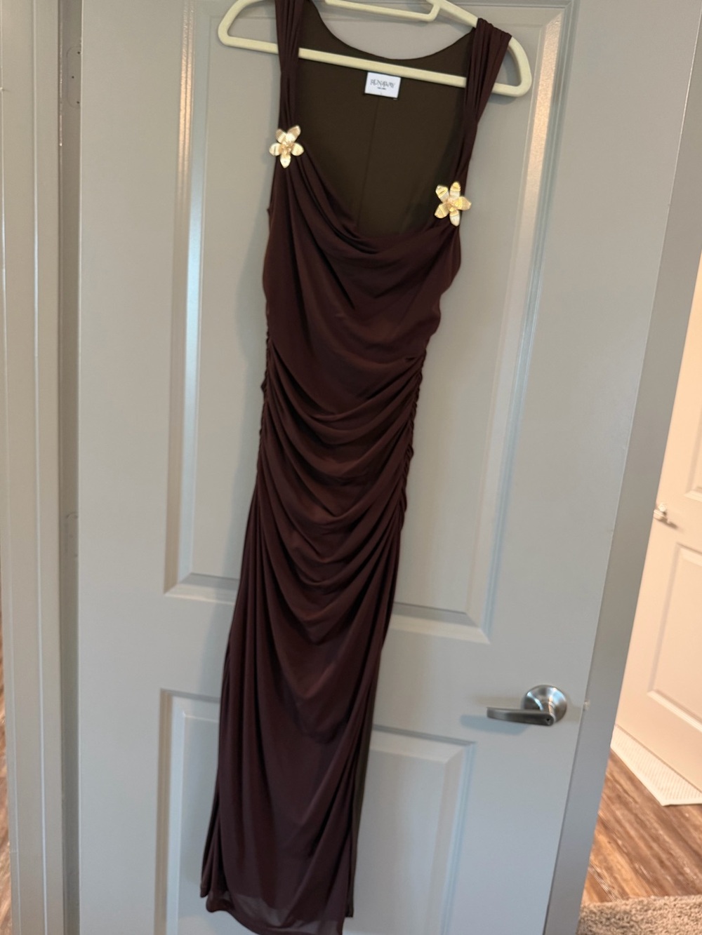 Brown Ruched Maxi Dress with Gold Floral Accents
